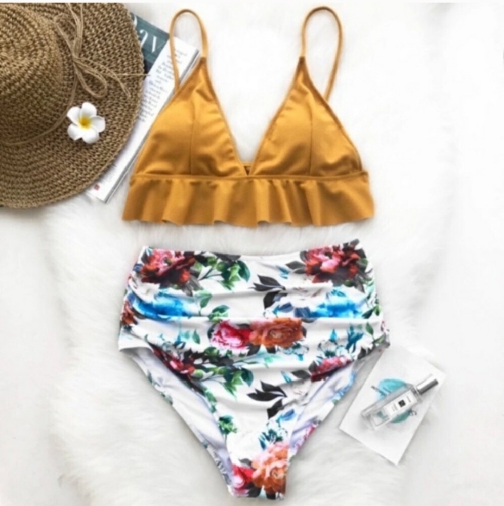 Cupshe Floral and Mustard High Waist Bikini